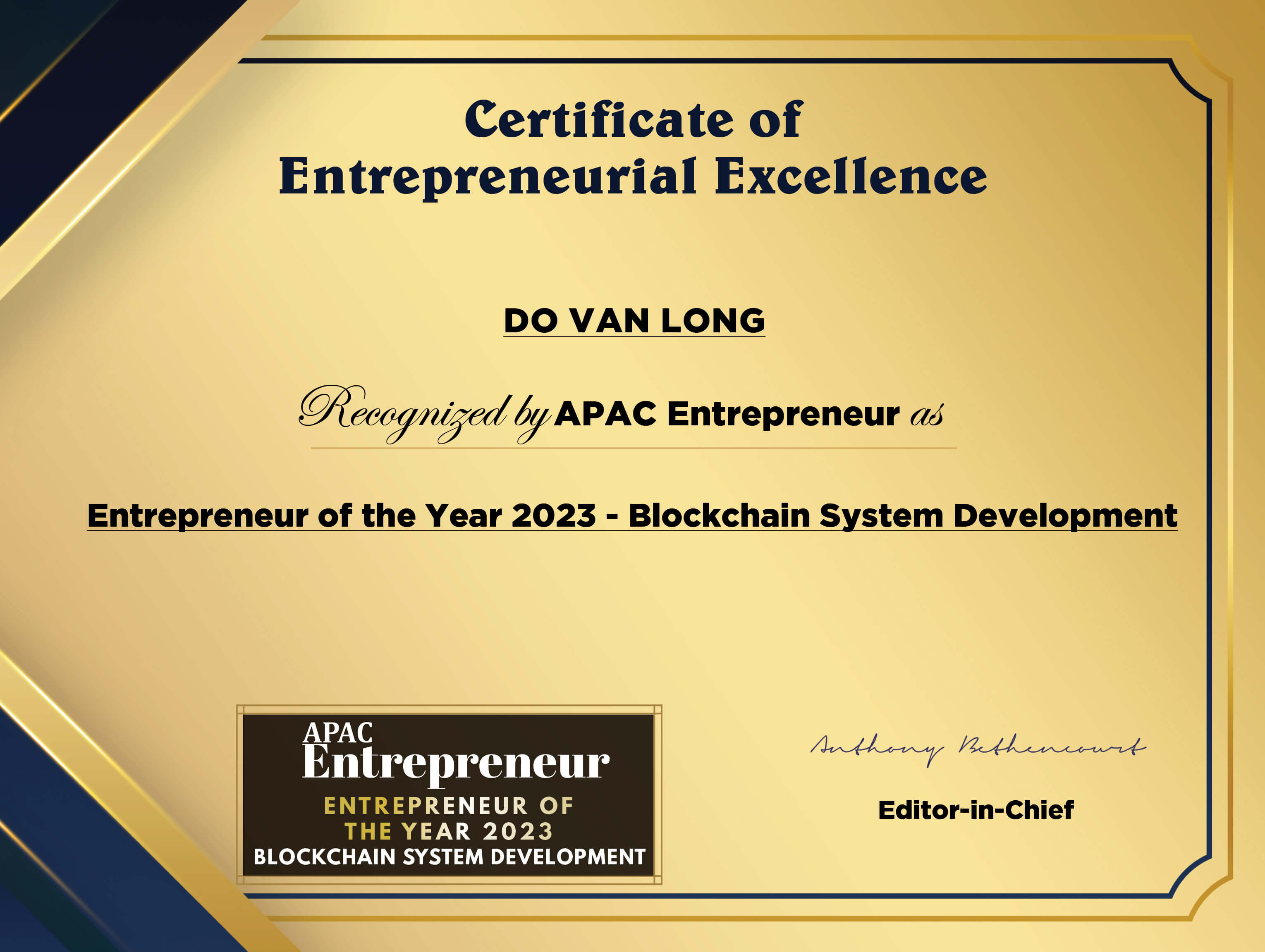 Entrepreneur of the Year 2023 - Blockchain System Development, APAC Entrepreneur